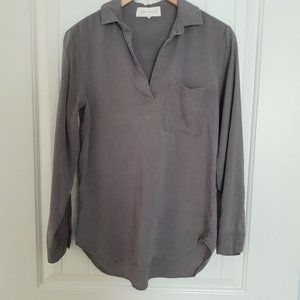 Side Stitch Tencel Split Neck Popover Long Sleeve Tunic Taupe Size S